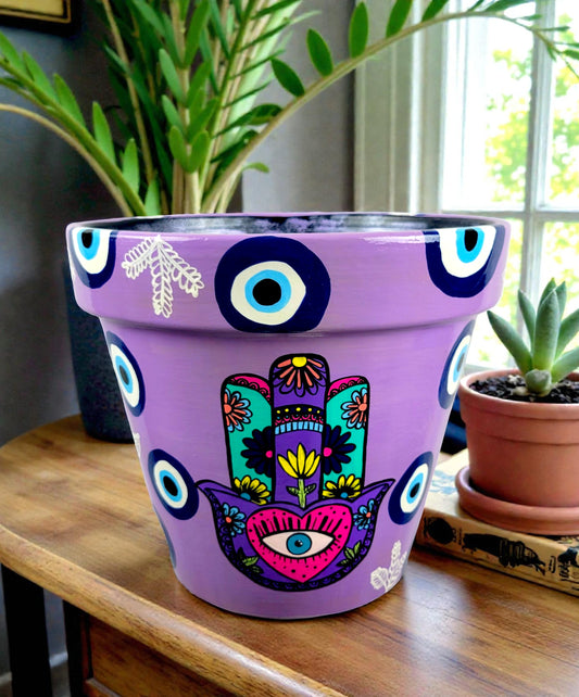 Evil Eye Plant Pot. Hamsa Planter. Handpainted Pot