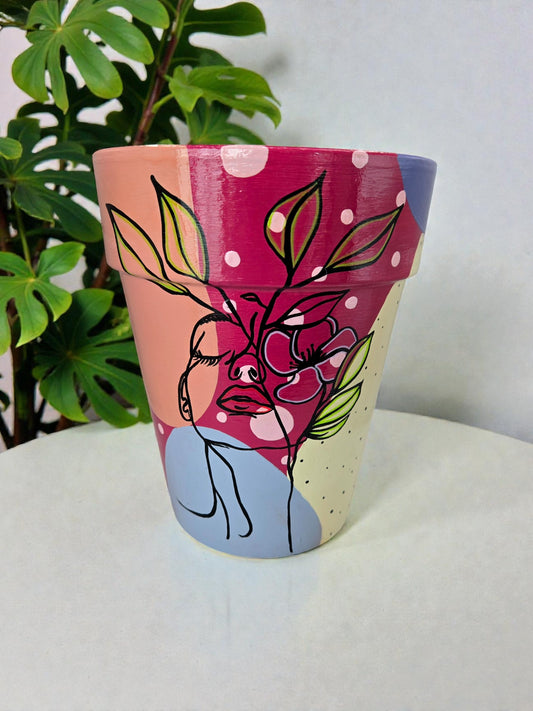 Hand Painted Flower Pot| Modern Face Planter| Abstract Art Terracotta Pot