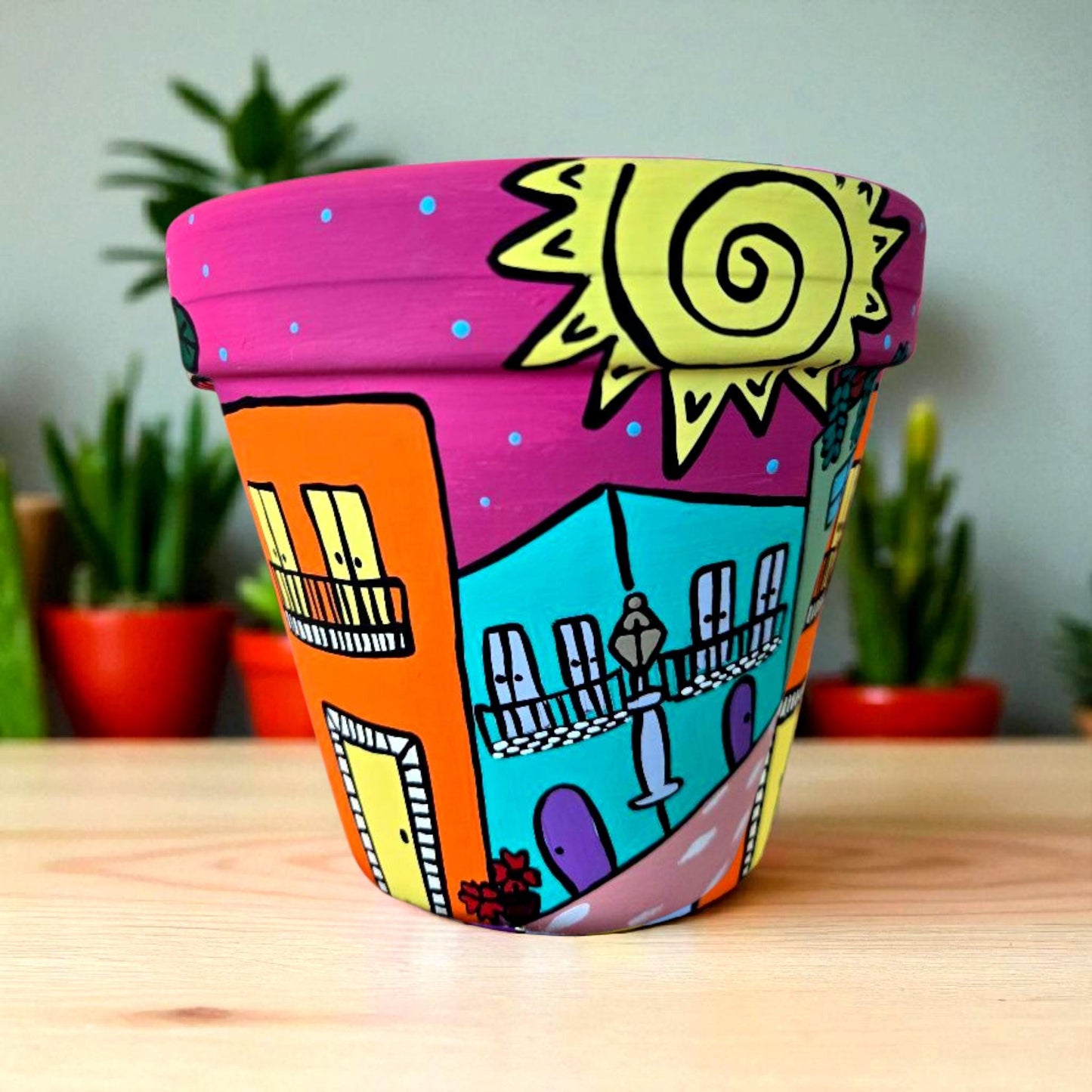 Hand-painted Puerto Rico Plant Pot - Caribbean Art, 6 inch Terracotta