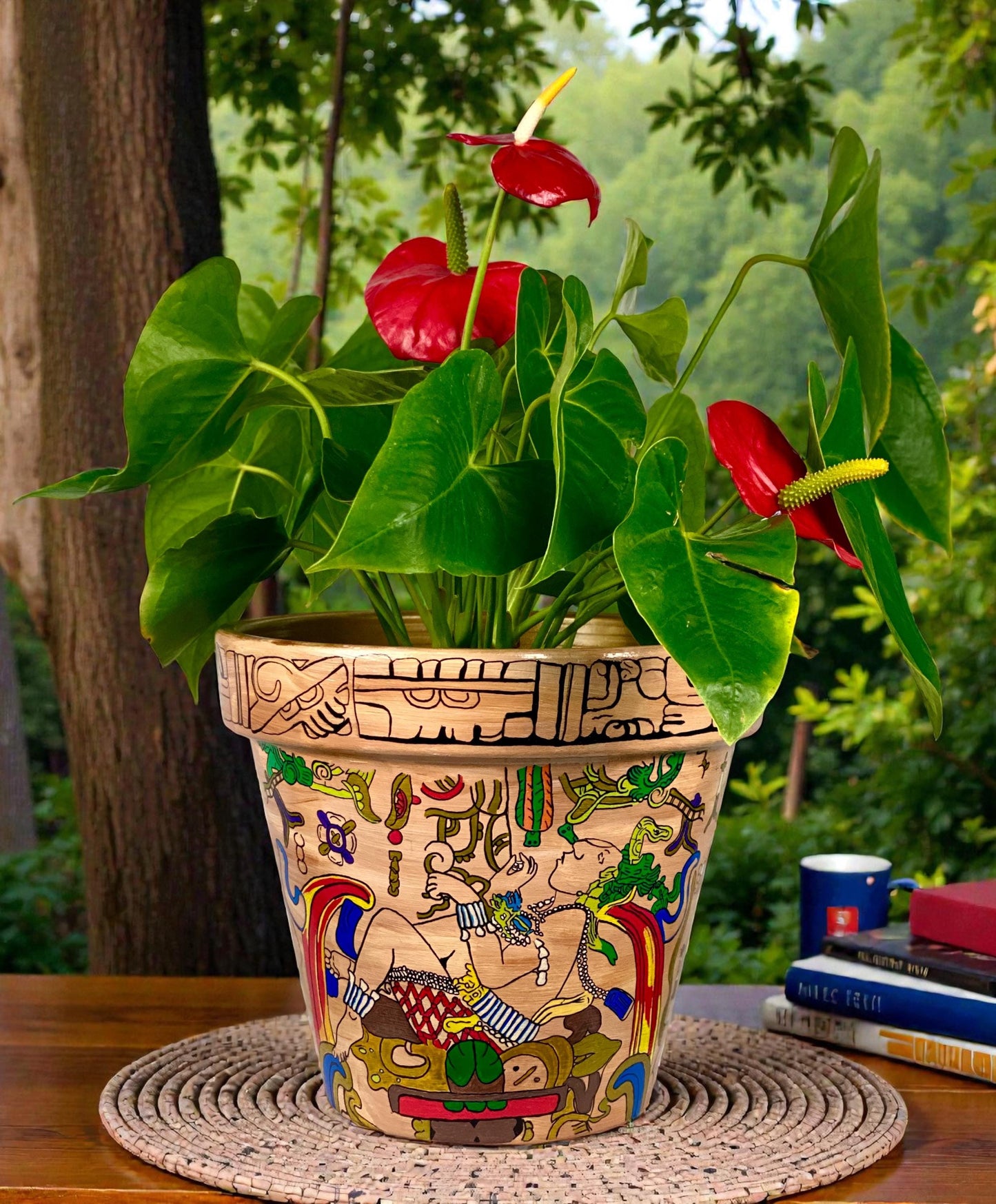 Hand-Painted Mayan Inspired Terracotta Planter – Mesoamerican Art Plant Pot