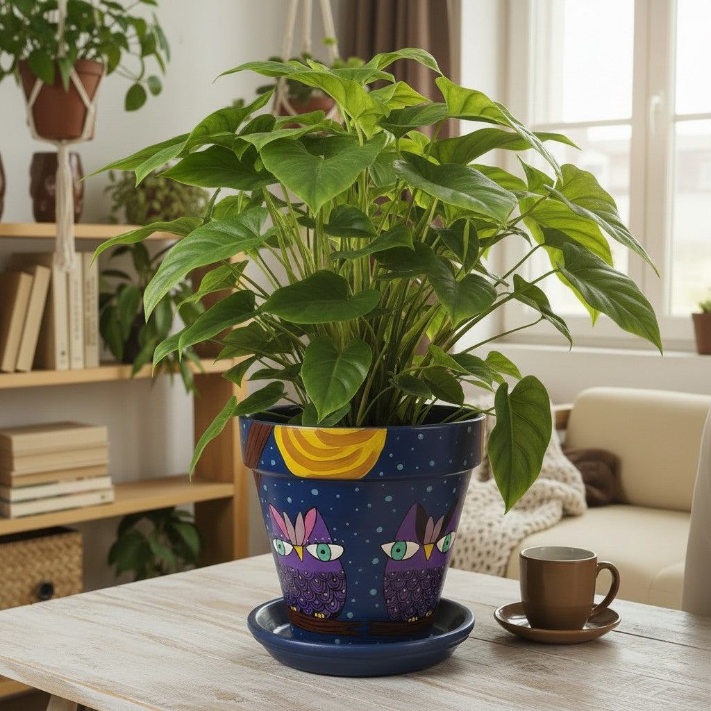 Hand Painted Owl Planter, Blue Terracotta Pot with Moon Design