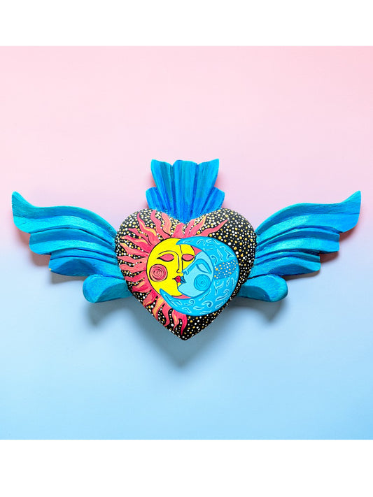 Hand Carved Wooden Sacred Heart Sun | Celestial Wings