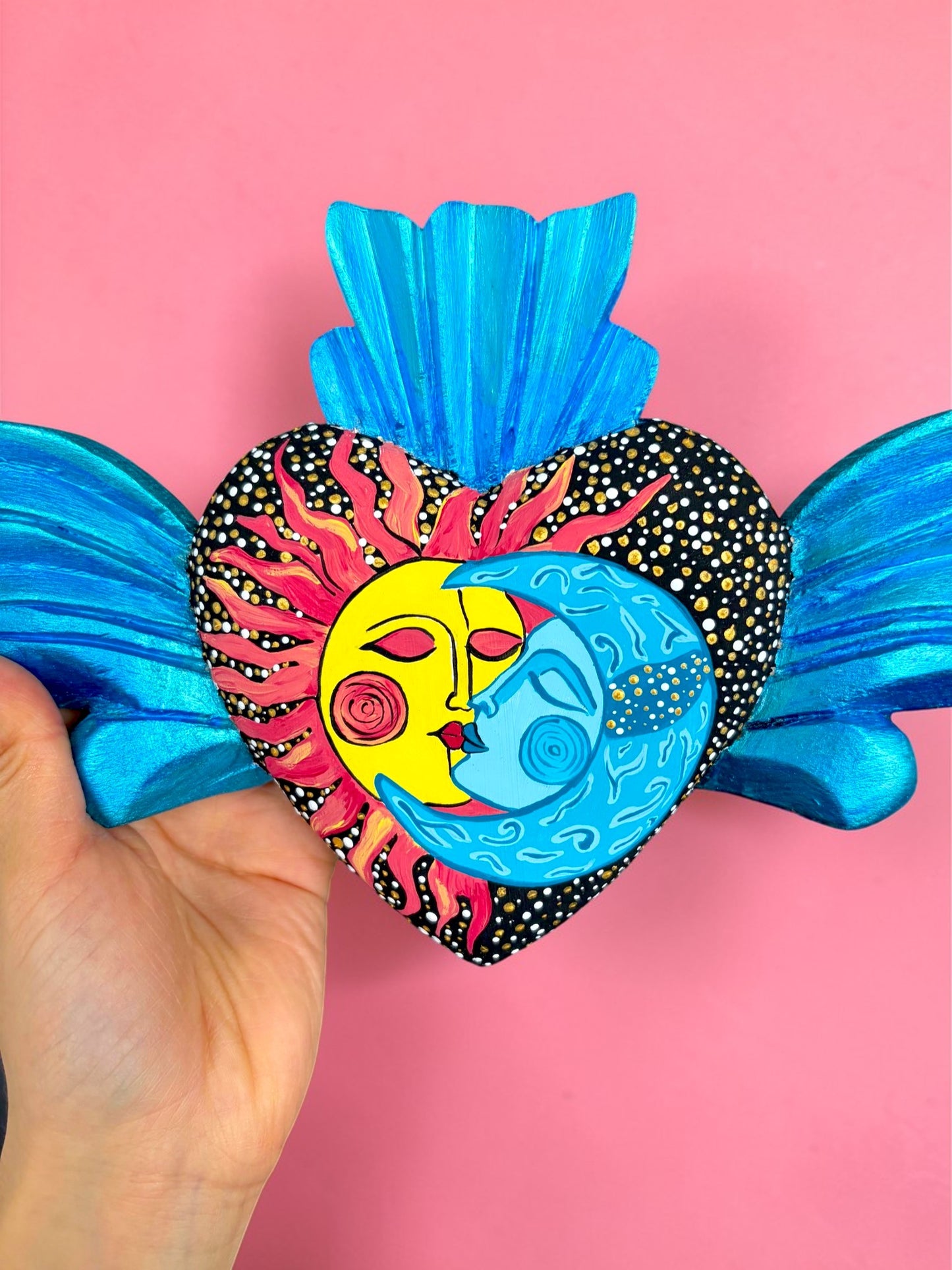 Hand Carved Wooden Sacred Heart Sun | Celestial Wings