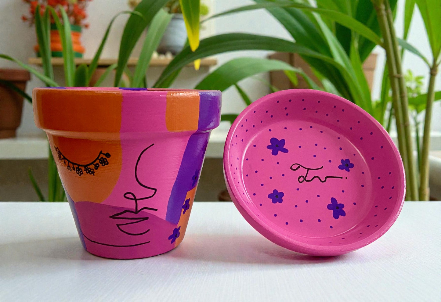 Painted Clay Plant Pot: Pink Woman Profile Design, Includes Saucer