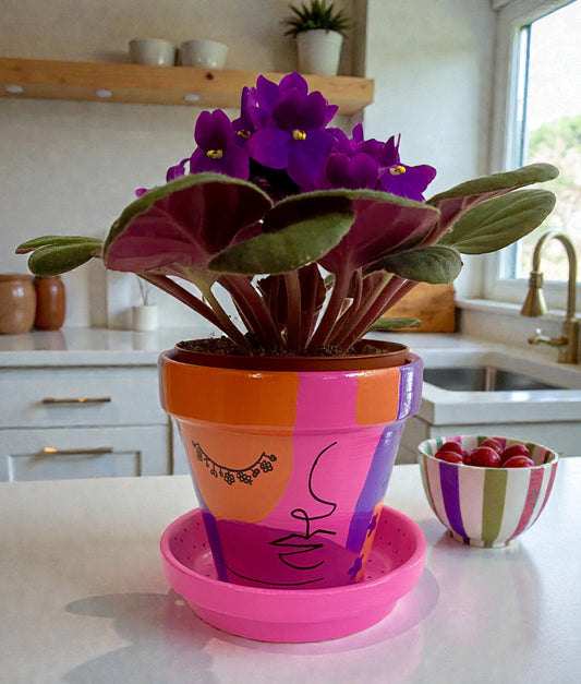 Painted Clay Plant Pot: Pink Woman Profile Design, Includes Saucer