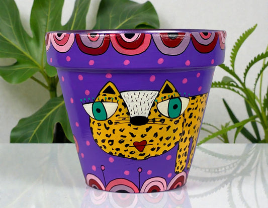 Hand Painted Leopard Planter, Whimsical Terracotta Pot