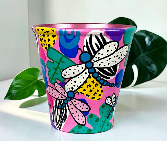 Hand Painted Pink and Purple Dragonfly Planter