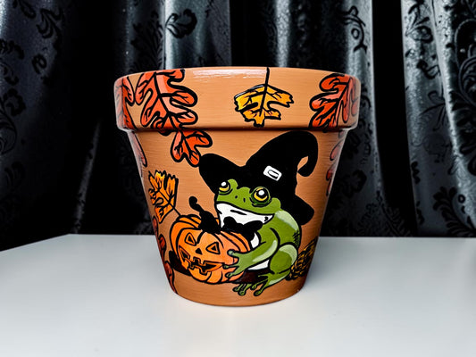 Hand-Painted Halloween Frog Planter, Witch Costume, Autumn Decor