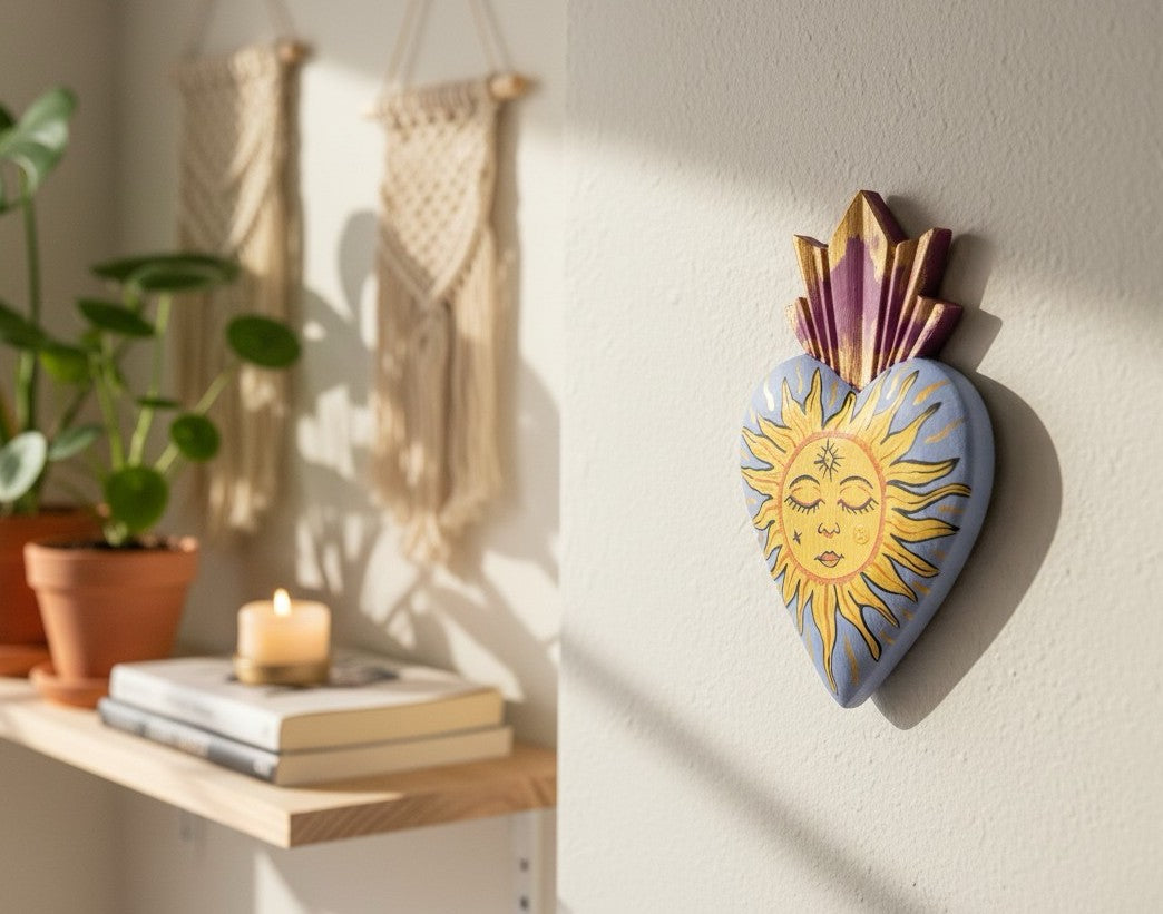 Hand Carved Wooden Sacred Heart Sun | Hand Painted Milagro Celestial Decor
