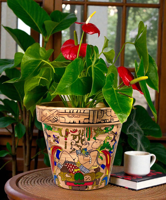 Hand-Painted Mayan Inspired Terracotta Planter – Mesoamerican Art Plant Pot