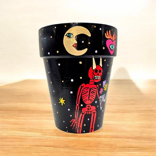 Hand-Painted Skeleton Terracotta Planter – 4x6 Unique Art Pot