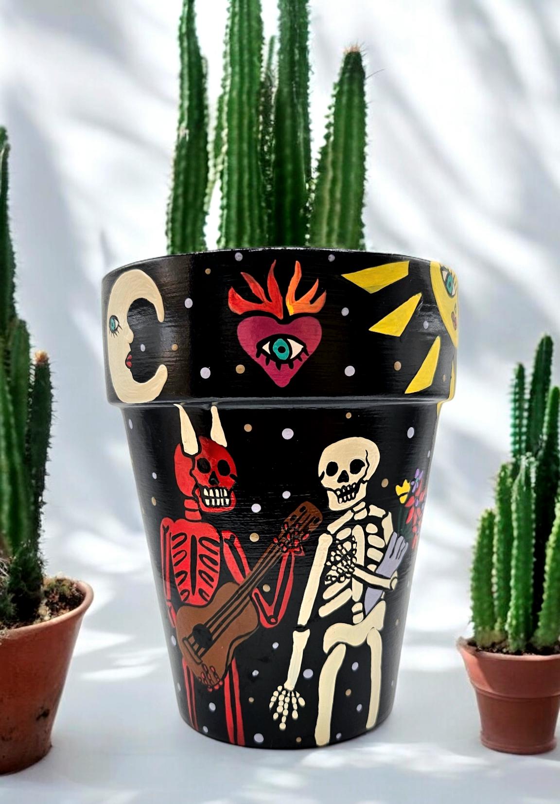 Hand-Painted Day of the Dead Terracotta Planter – Mexican Folk Art