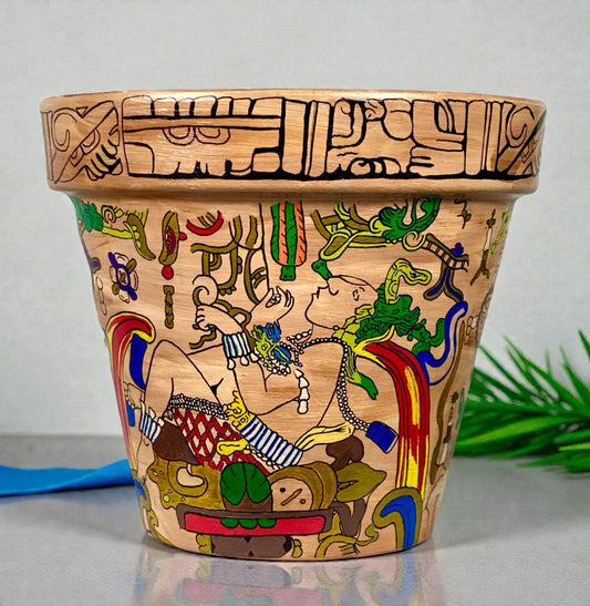 Hand-Painted Mayan Inspired Terracotta Planter – Mesoamerican Art Plant Pot