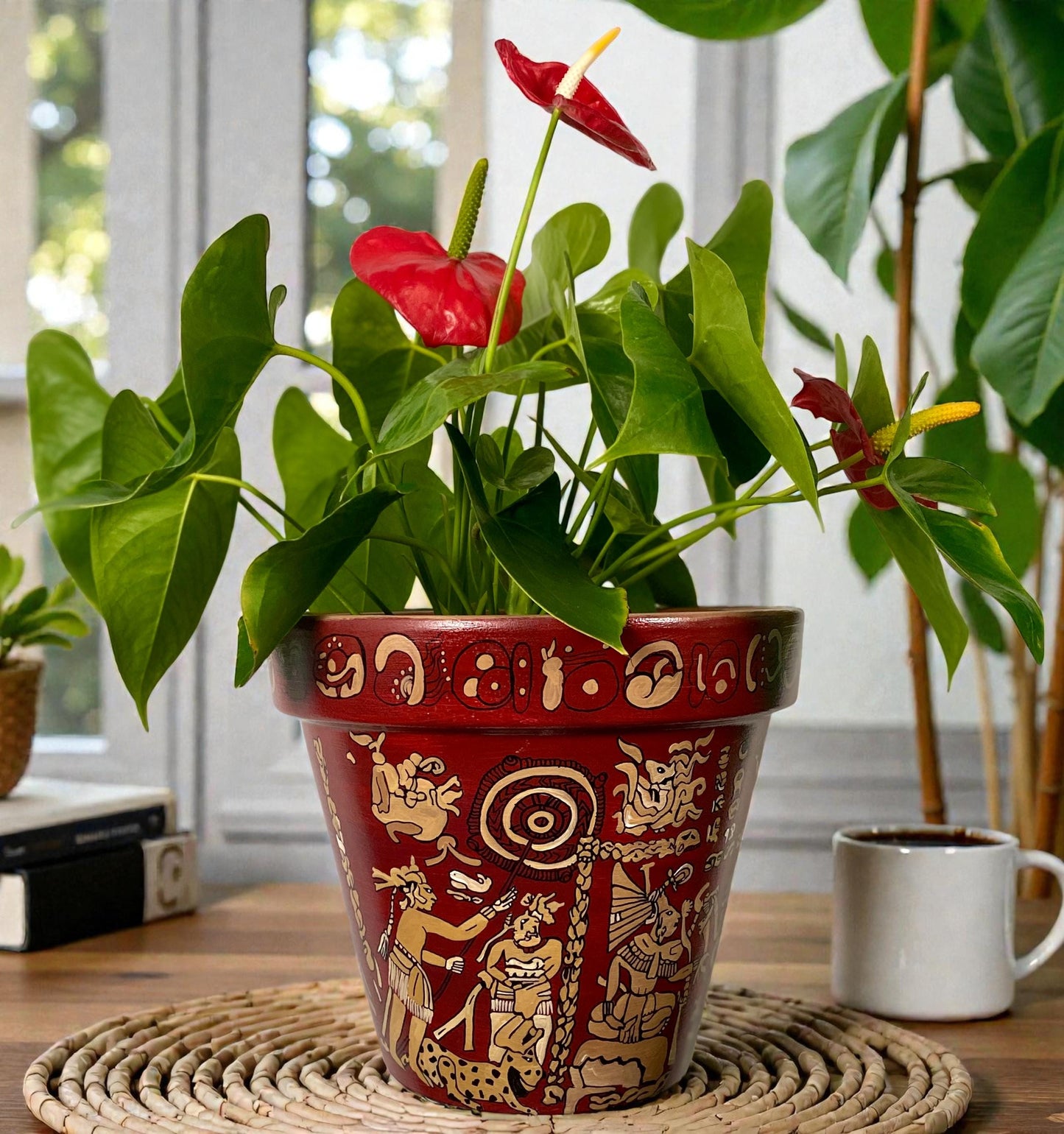 Hand painted Mayan Art Plant Pot- Prehispanic Art Vase (8 in)