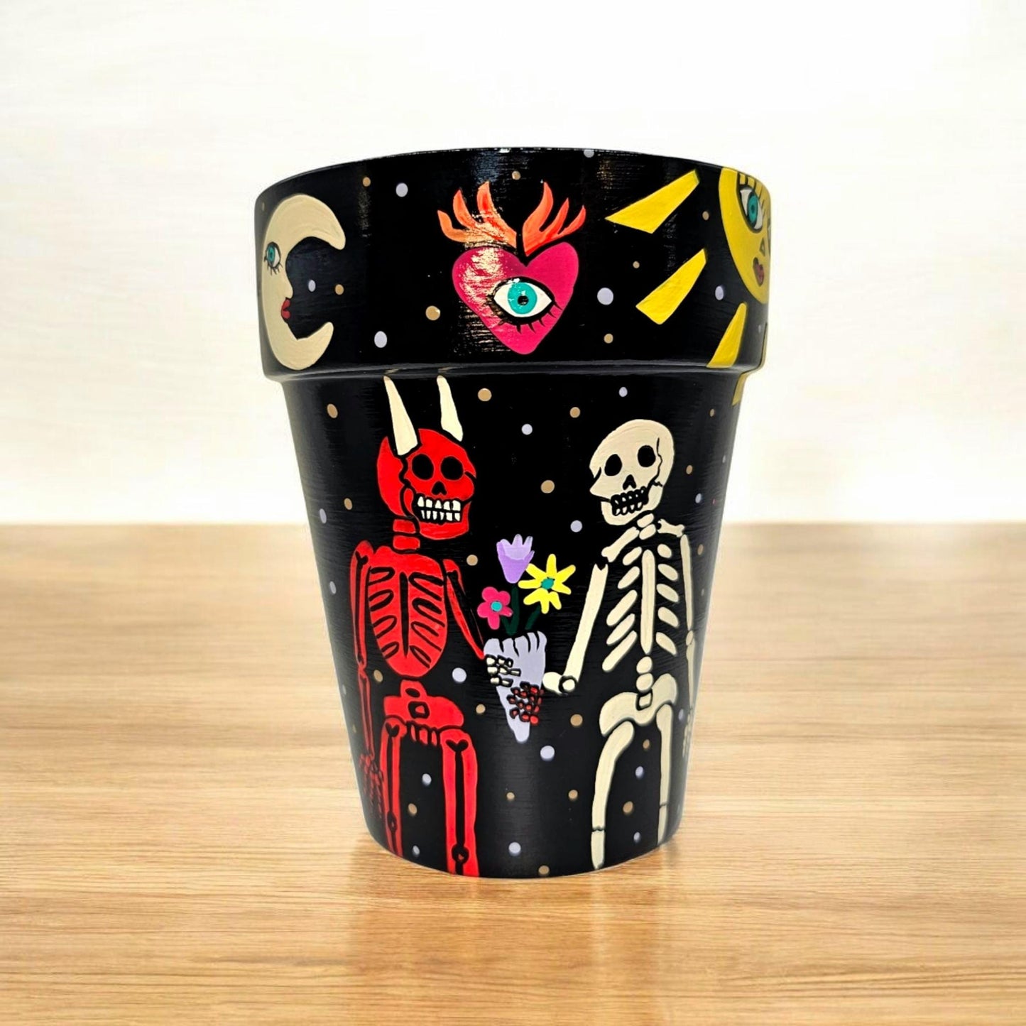 Hand-Painted Skeleton Terracotta Planter – 4x6 Unique Art Pot