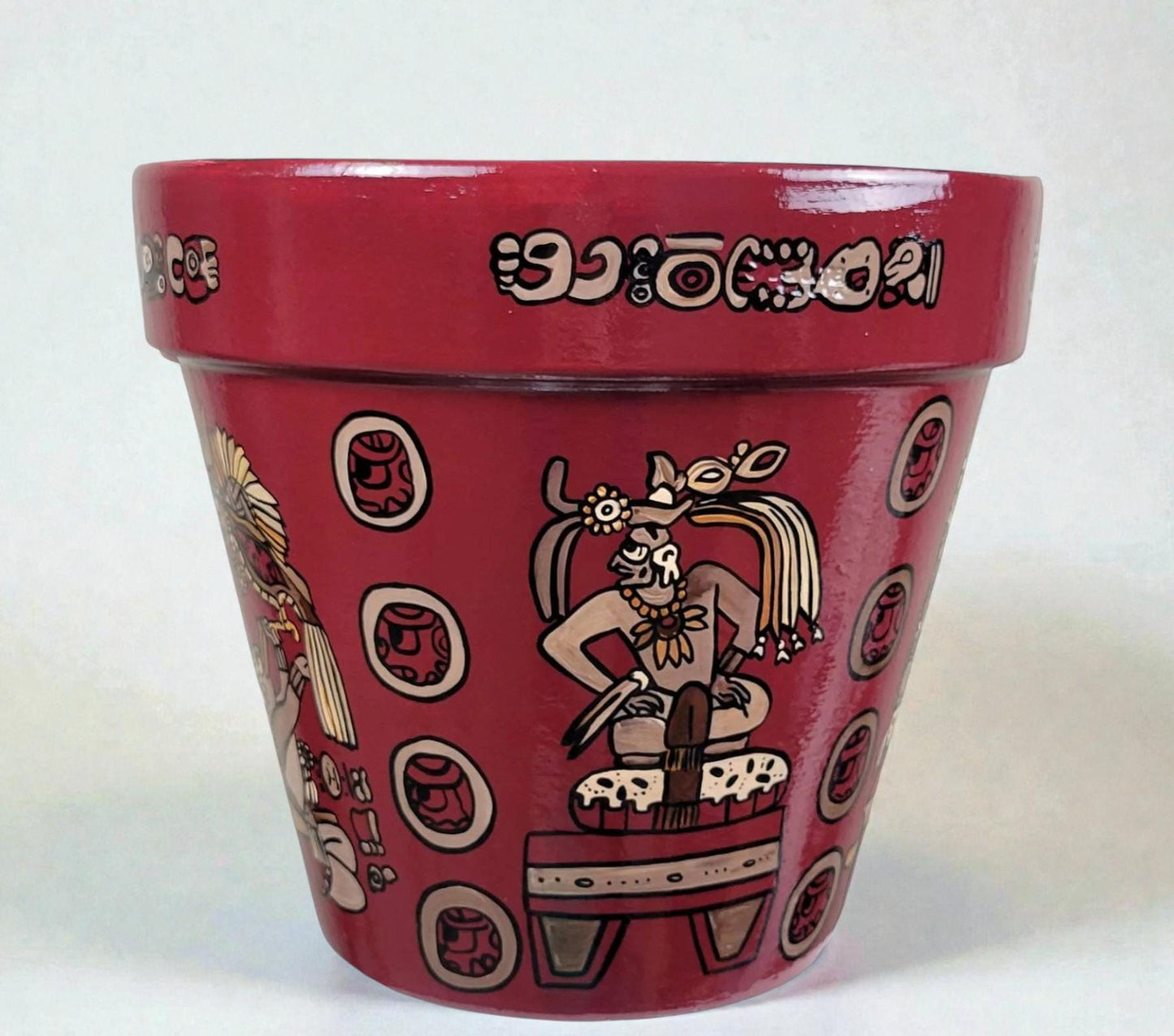 Hand-Painted Mayan Art Plant Pot: Mexican Art Decor, 8 Inch