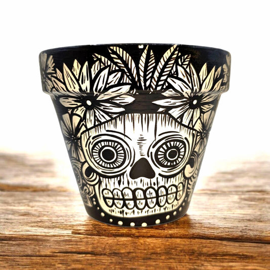 Hand-Painted Black and White Skull Terracotta Planter – Gothic Home Decor