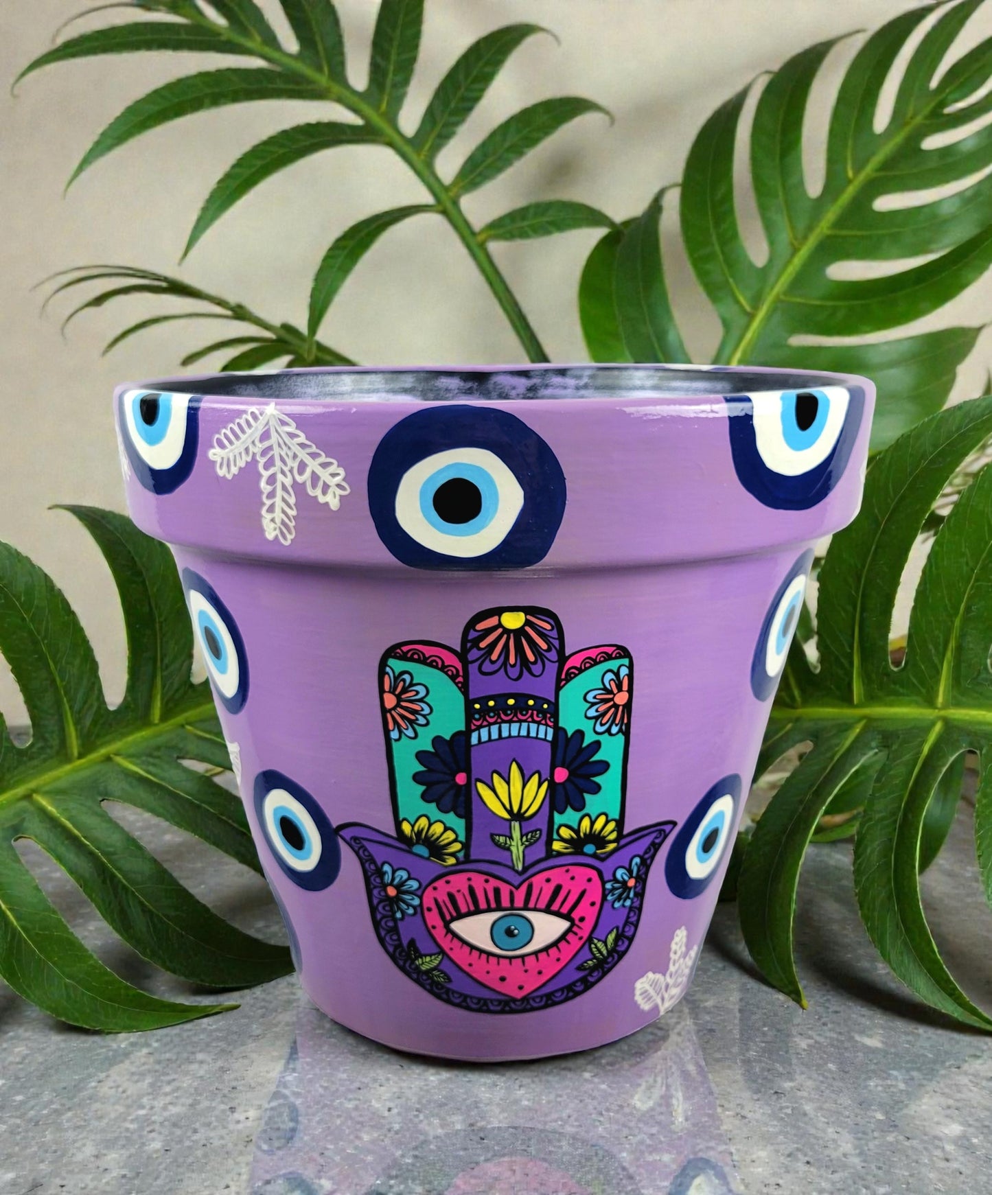 Evil Eye Plant Pot. Hamsa Planter. Handpainted Pot