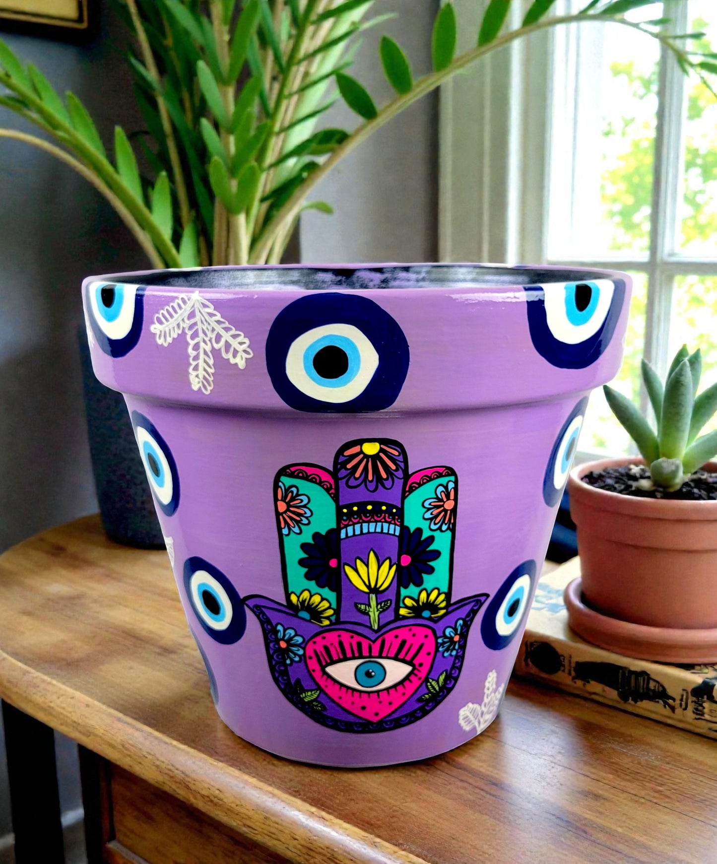 Evil Eye Plant Pot. Hamsa Planter. Handpainted Pot