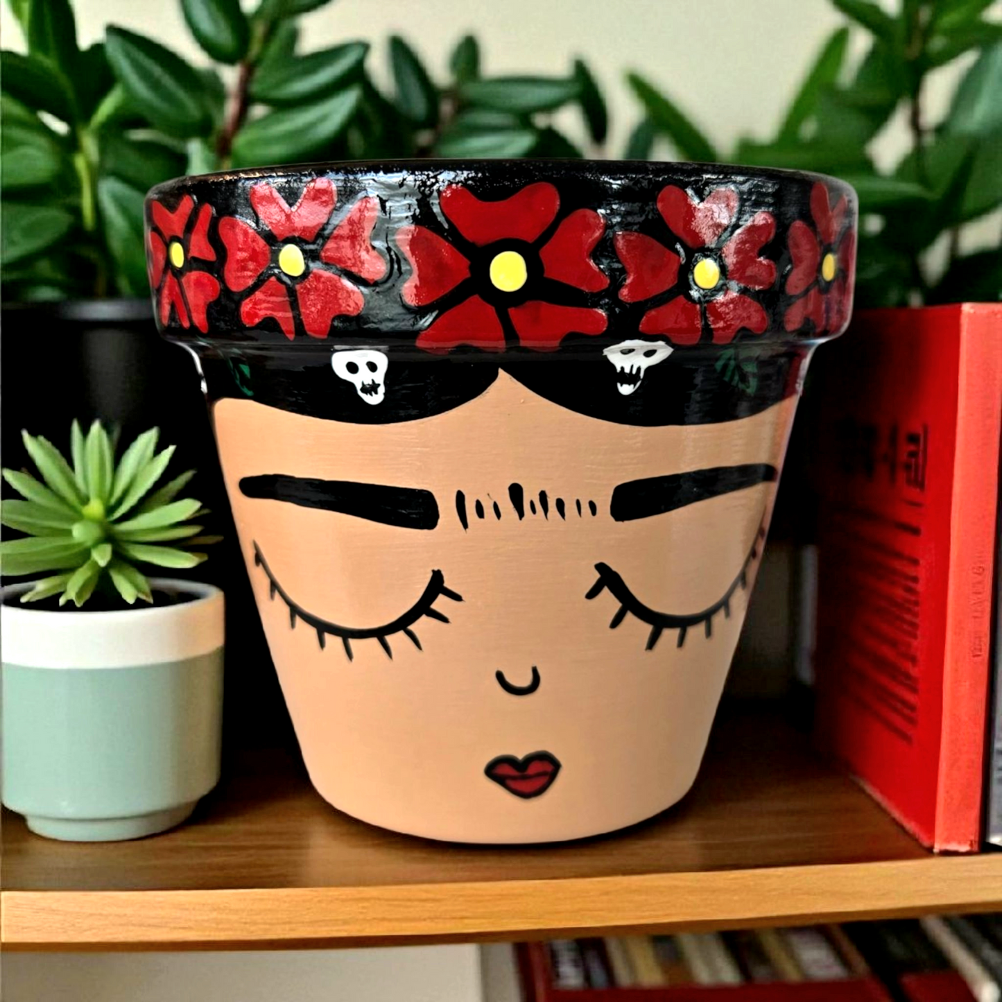 Hand-Painted Frida Kahlo Plant Pot | Red Flowers