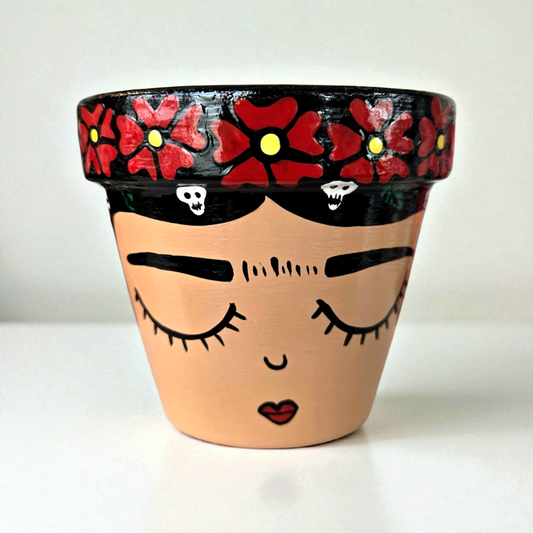 Hand-Painted Frida Kahlo Plant Pot | Red Flowers