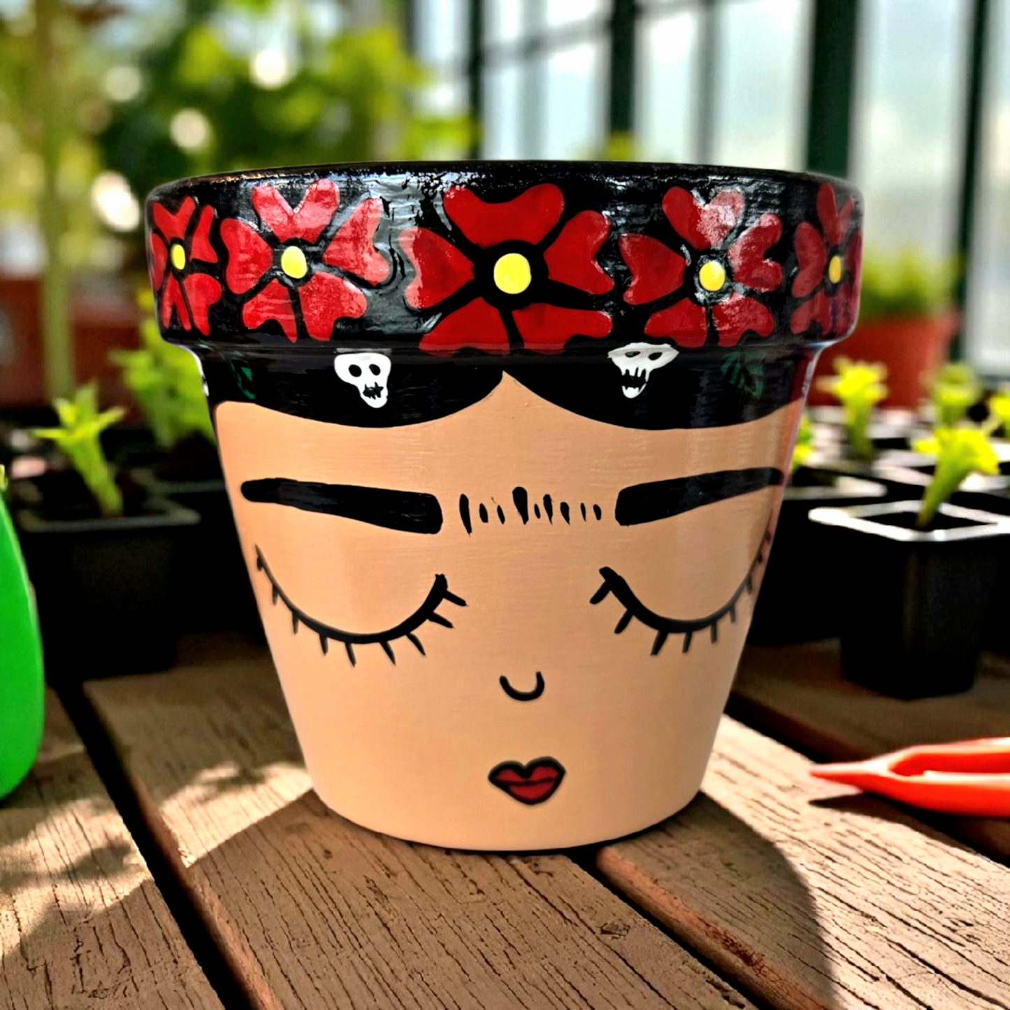Hand-Painted Frida Kahlo Plant Pot | Red Flowers