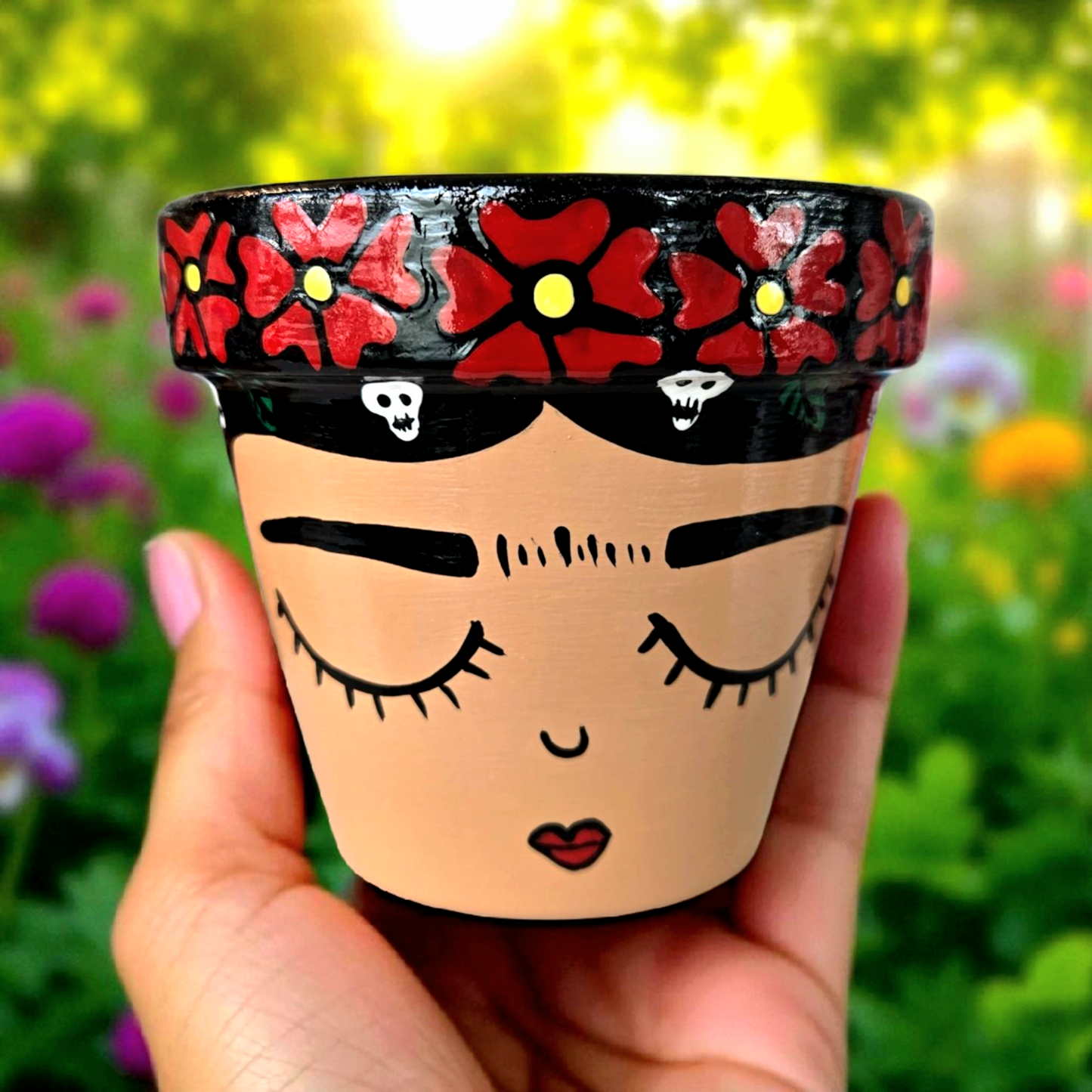 Hand-Painted Frida Kahlo Plant Pot | Red Flowers