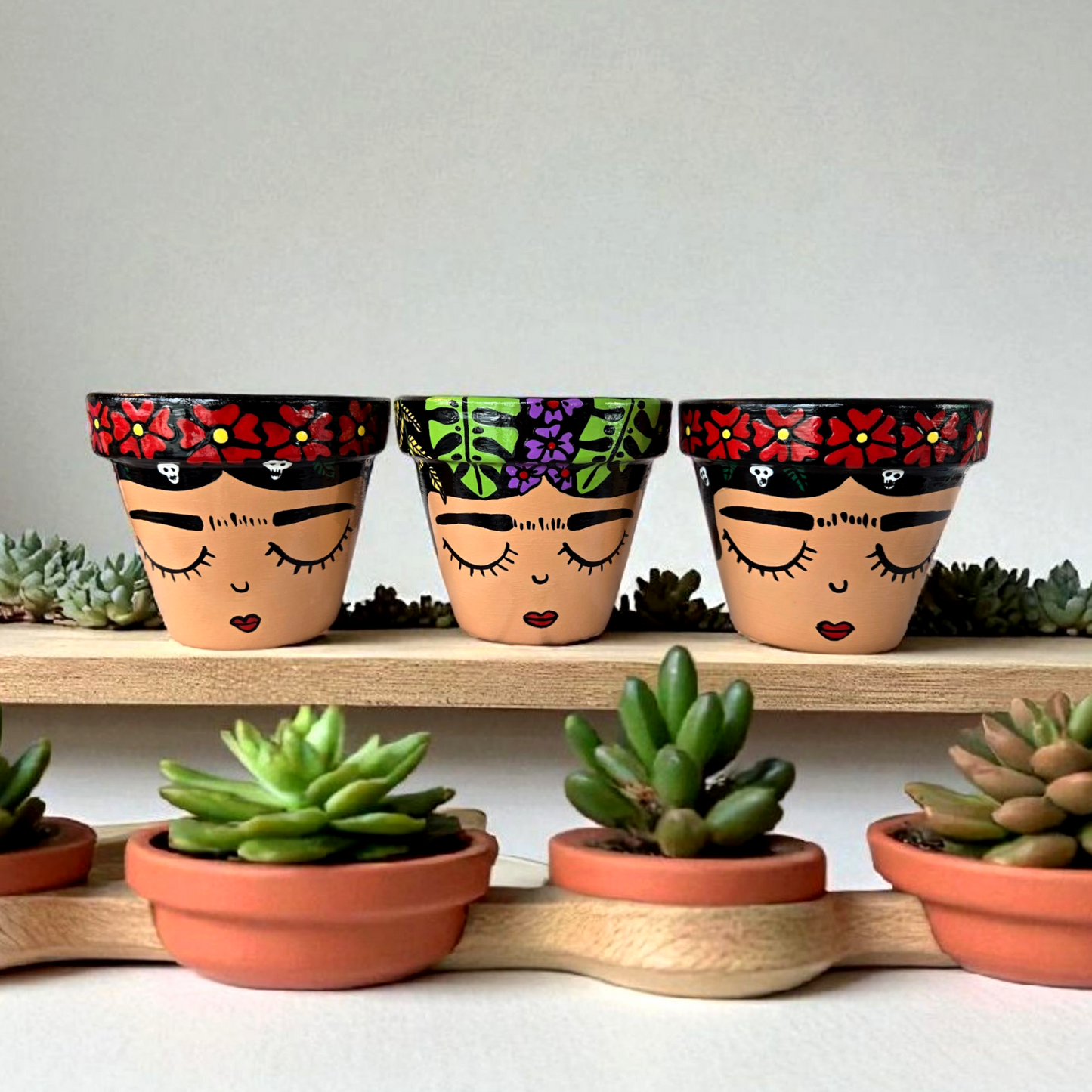 Hand-Painted Frida Kahlo Plant Pot | Red Flowers