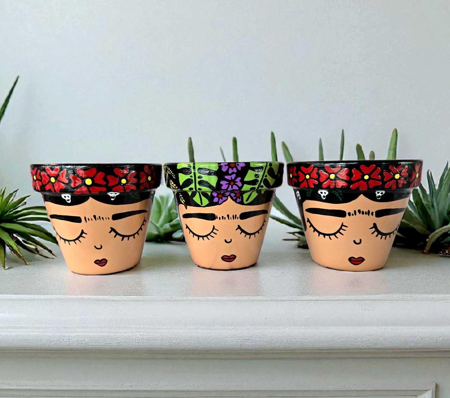 Hand-Painted Frida Kahlo Plant Pot | Red Flowers