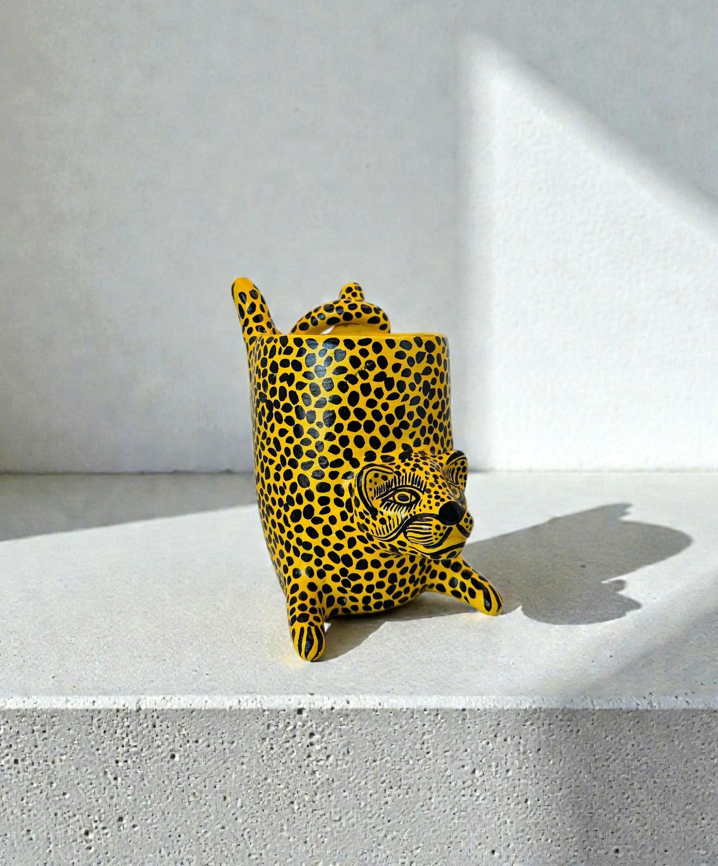 Hand-Painted Clay Jaguar Sculpture: Yellow Unique Home Decor