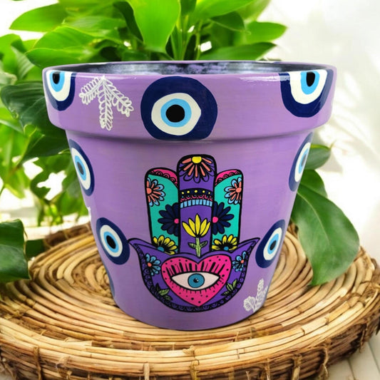 Evil Eye Plant Pot. Hamsa Planter. Handpainted Pot