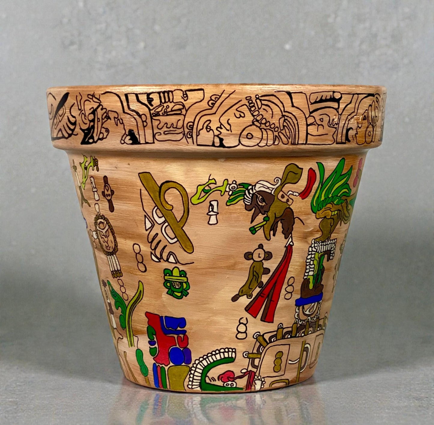 Hand-Painted Mayan Inspired Terracotta Planter – Mesoamerican Art Plant Pot