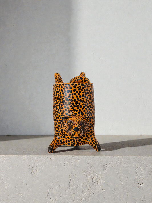 Hand-Painted Orange Terracotta Jaguar Sculpture: Mexican Handcraft Home Decor