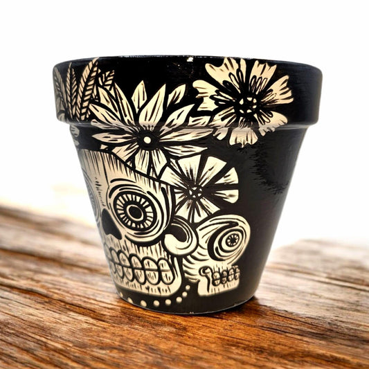 Hand-Painted Black and White Skull Terracotta Planter – Gothic Home Decor