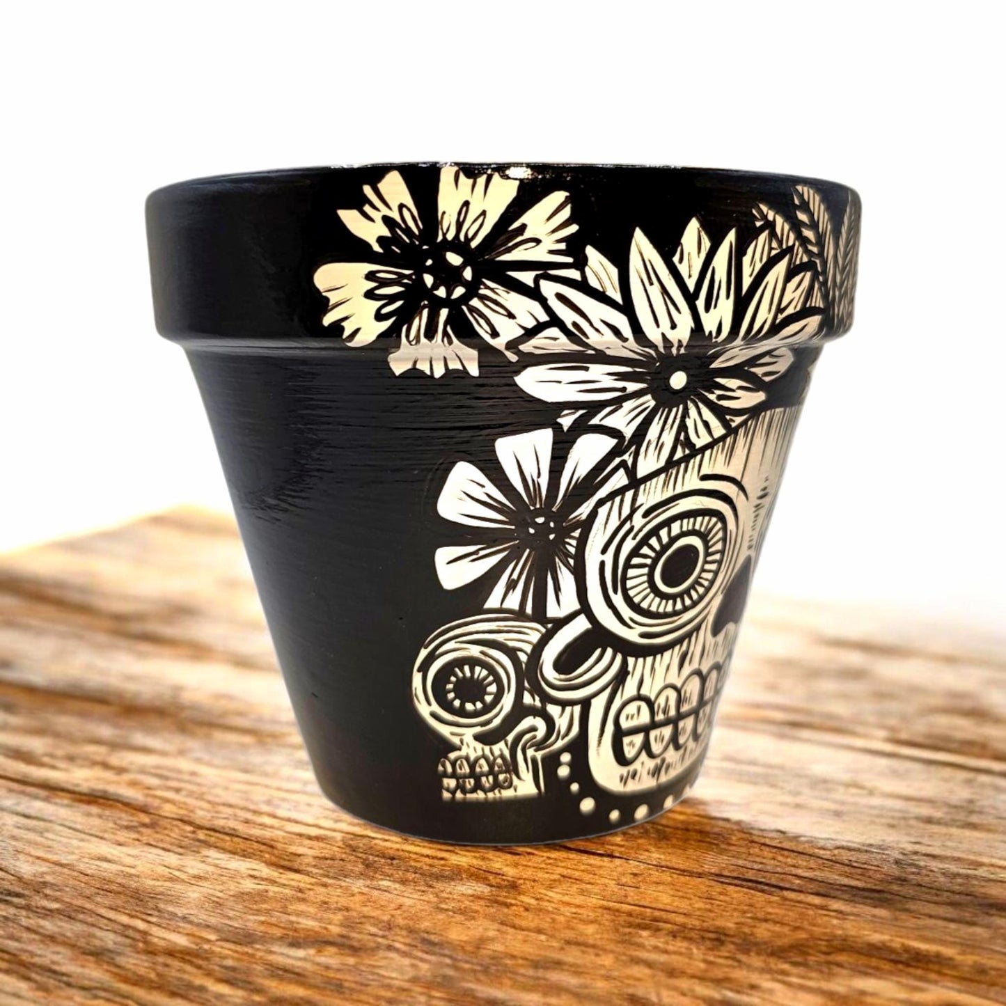 Hand-Painted Black and White Skull Terracotta Planter – Gothic Home Decor