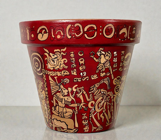Hand painted Mayan Art Plant Pot- Prehispanic Art Vase (8 in)