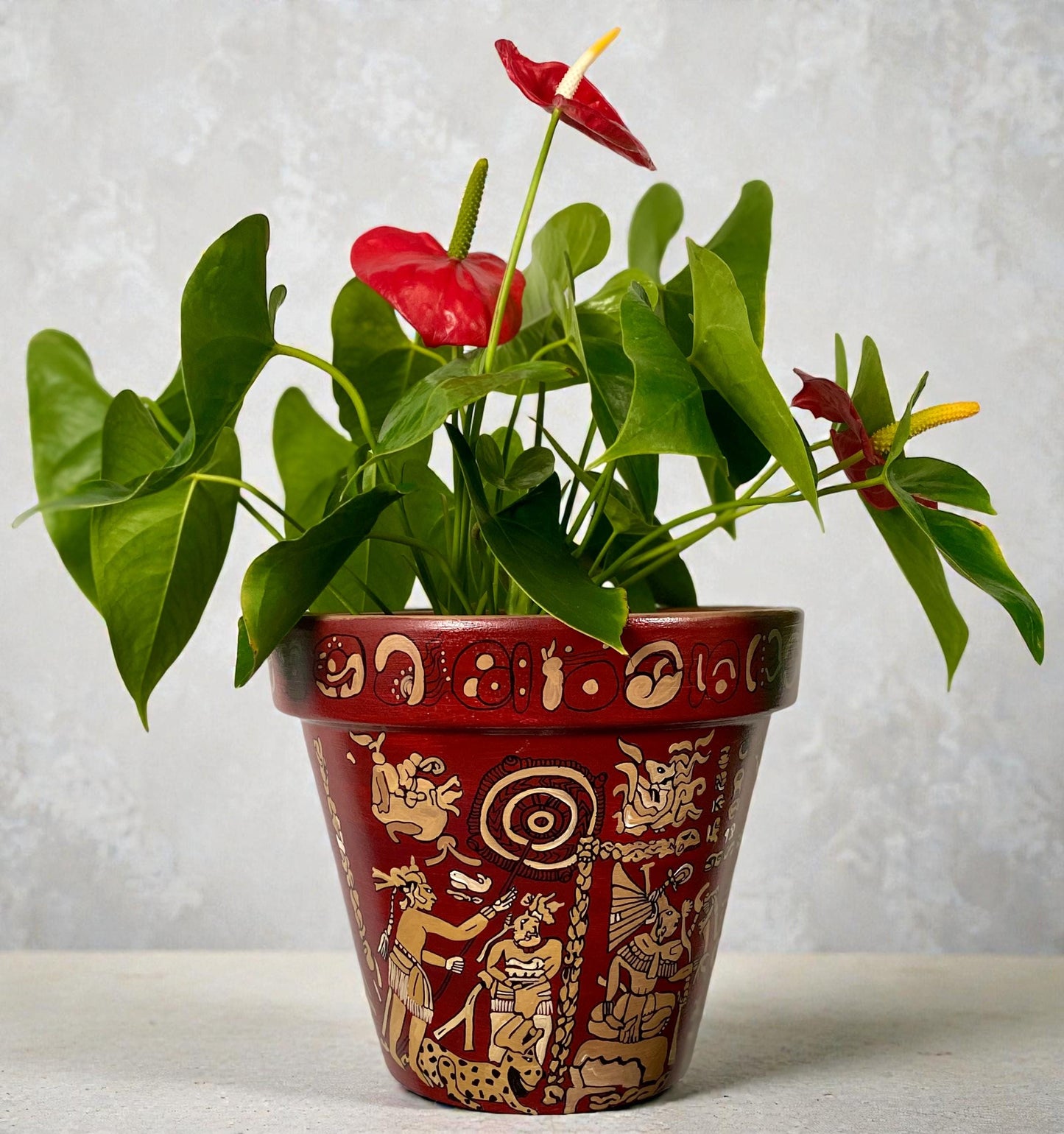 Hand painted Mayan Art Plant Pot- Prehispanic Art Vase (8 in)