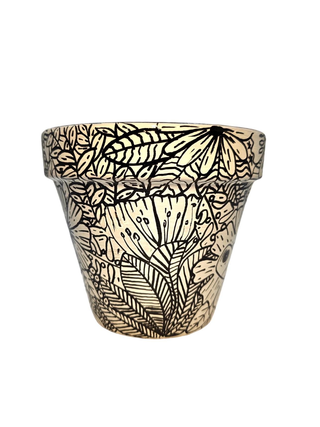 Black and White Flowers Planter. Handpainted Drawing Plant Pot.