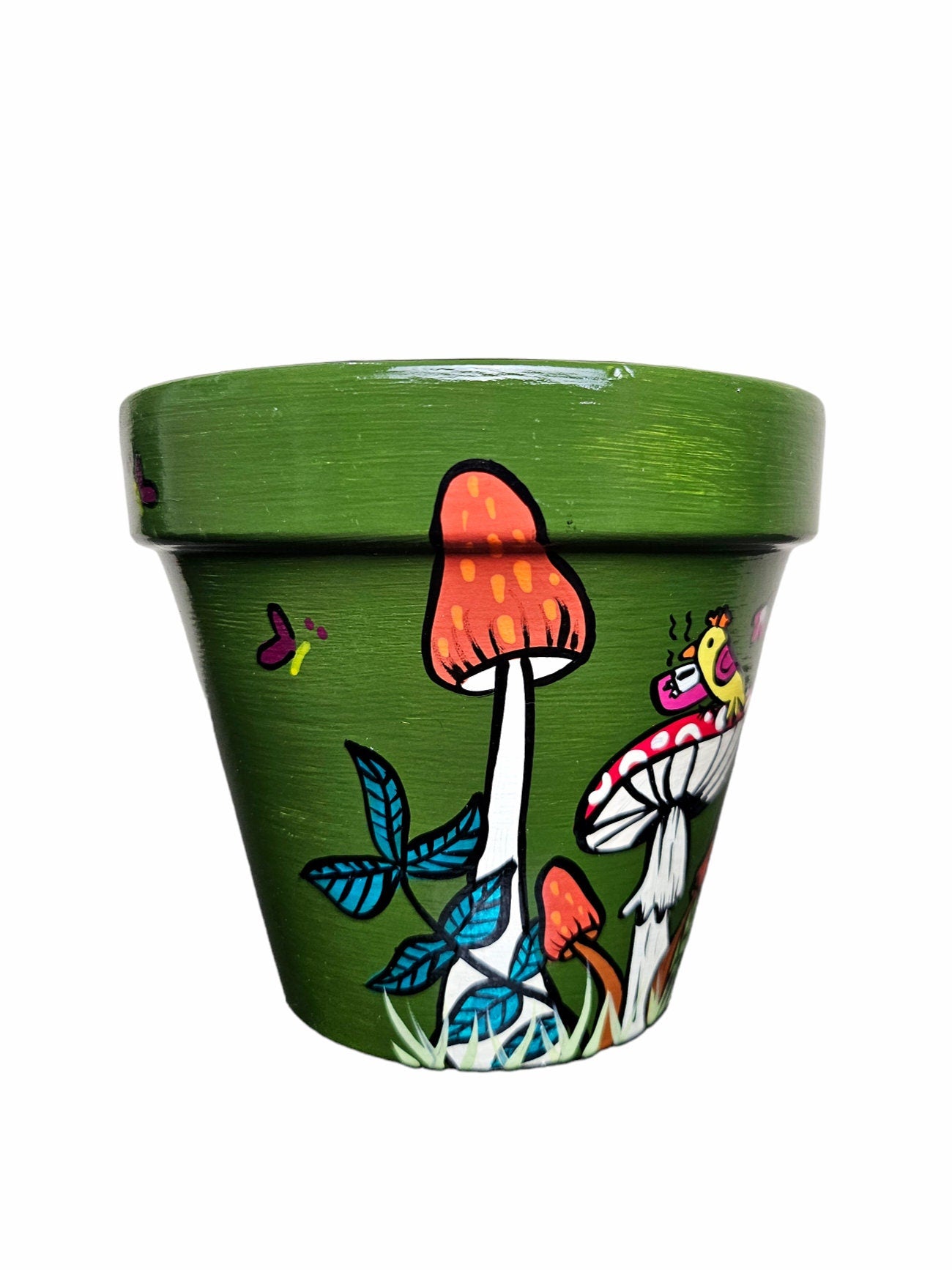 Hand-Painted Bird and Mushroom Terracotta Planter