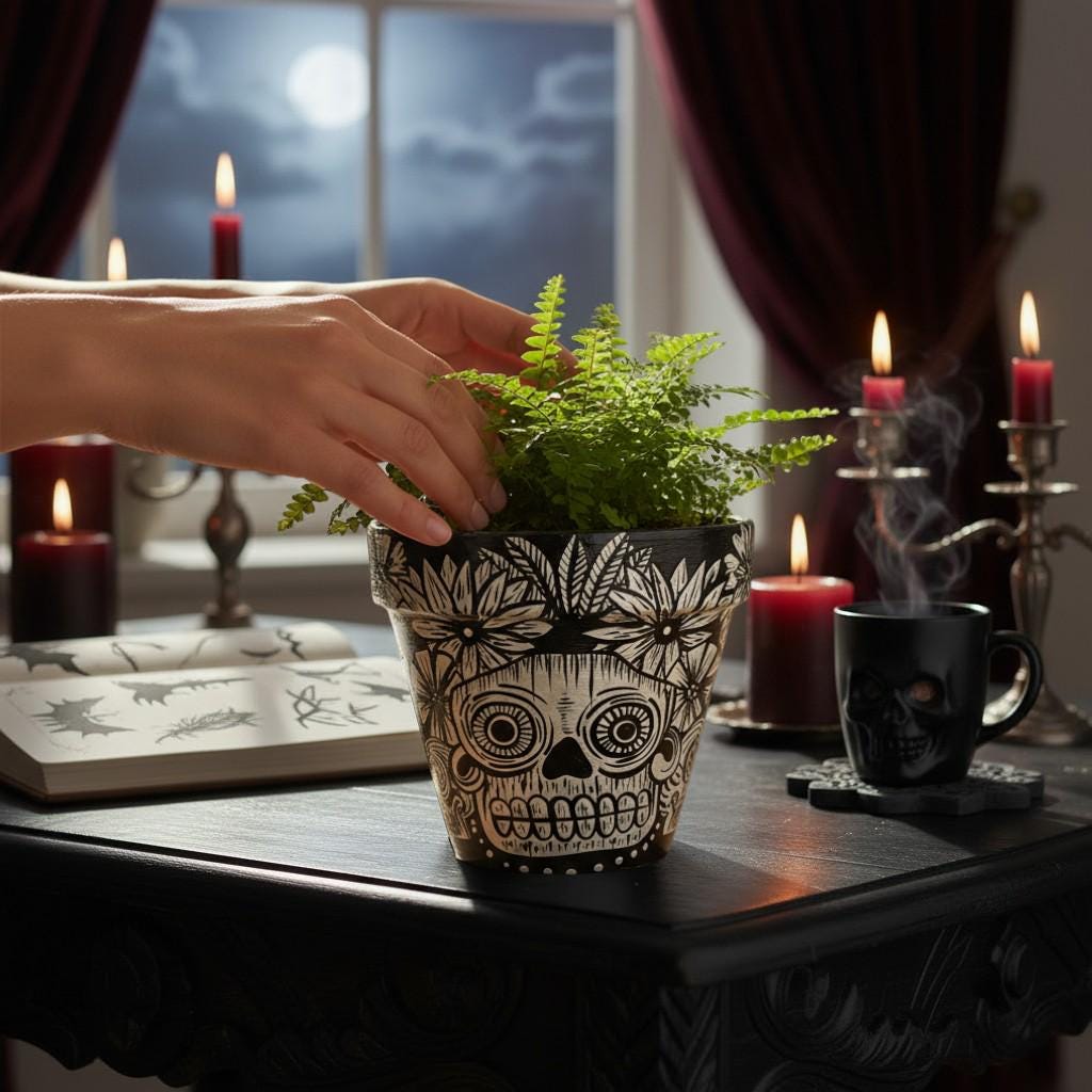 Hand-Painted Black and White Skull Terracotta Planter – Gothic Home Decor