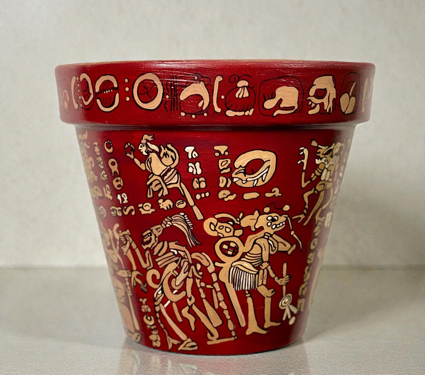 Hand painted Mayan Art Plant Pot- Prehispanic Art Vase (8 in)