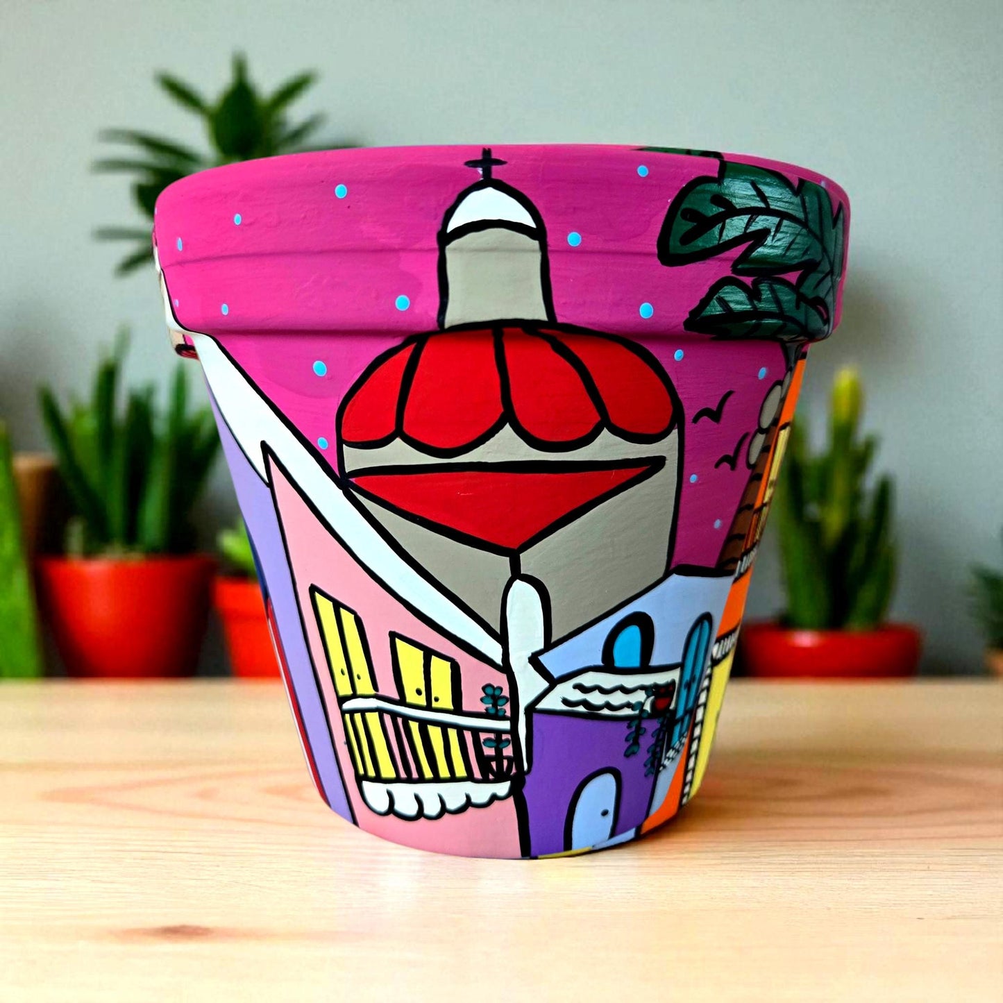 Hand-painted Puerto Rico Plant Pot - Caribbean Art, 6 inch Terracotta