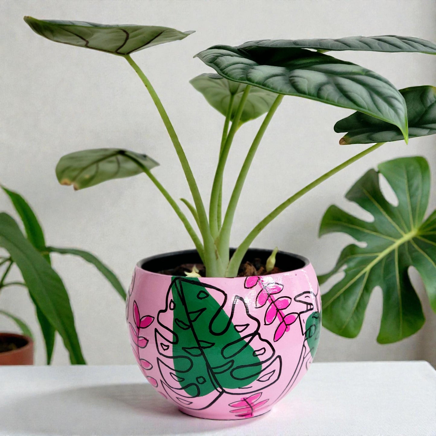 Hand-Painted Botanical Planter – Pink Monstera Terracotta Plant Pot