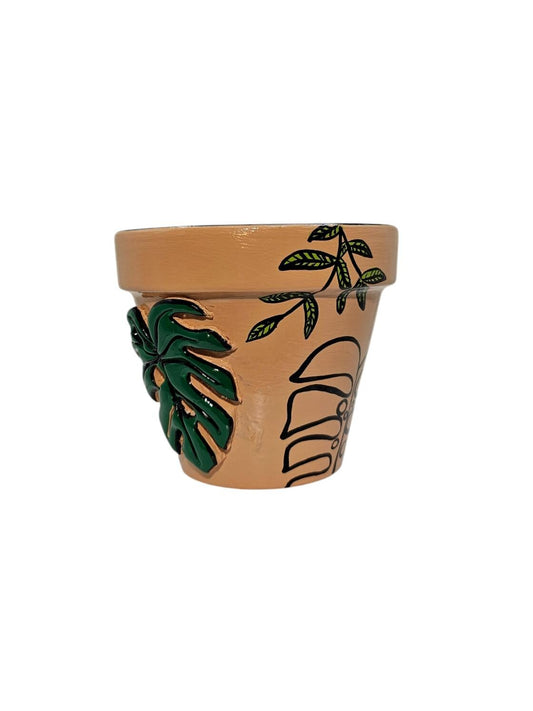 Embossed Monstera Terracotta Planter, Handmade Plant Pot