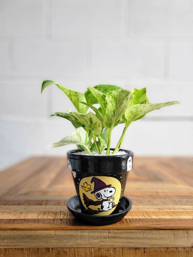 Hand-Painted Snoopy Halloween Plant Pot with Saucer