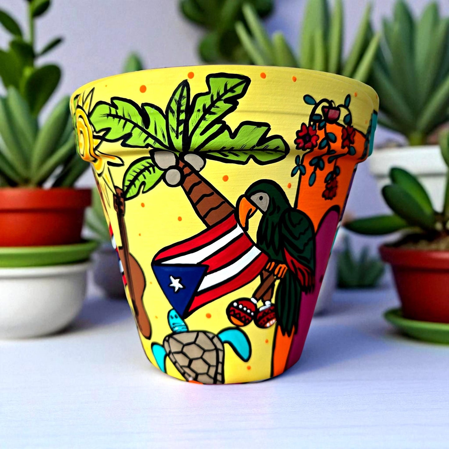 Hand-Painted Puerto Rico Plant Pot – Caribbean Art Planter, Tropical Decor