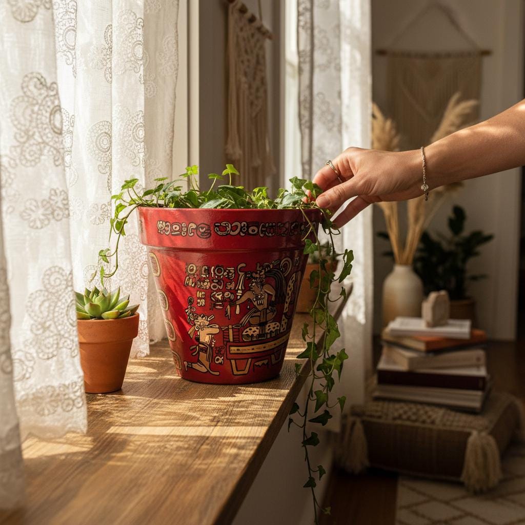 Hand-Painted Mayan Art Plant Pot: Mexican Art Decor, 8 Inch