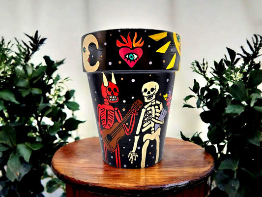 Hand-Painted Day of the Dead Terracotta Planter – Mexican Folk Art