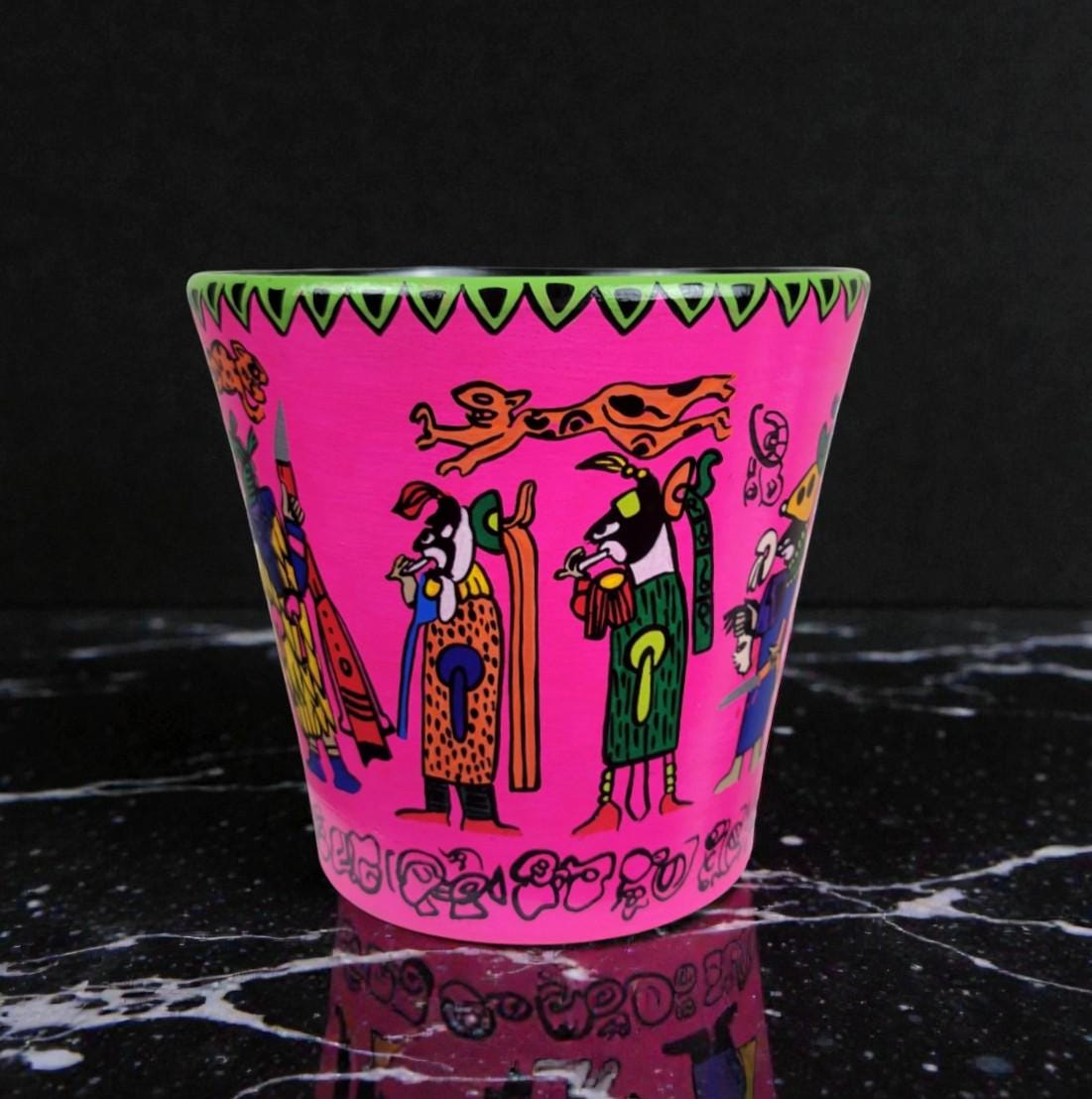 Hand-Painted Mayan Inspired Pink Terracotta Planter – Mesoamerican Art Plant Pot
