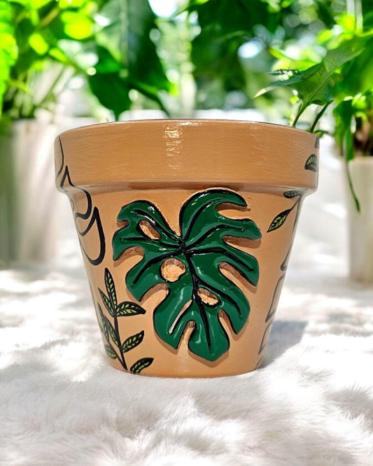 Embossed Monstera Terracotta Planter, Handmade Plant Pot